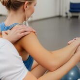Female patient being treated by a physiotherapist standing behind.